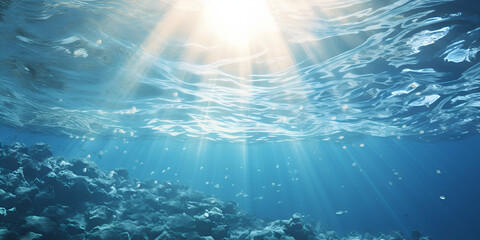 Vibrant Coral Reef Beneath the Ocean Surface, Bathed in Golden Sunlight