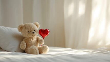 Fototapeta premium Cute teddy bear holding red heart sitting on a soft bed