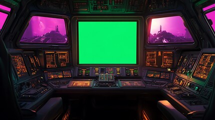 Futuristic spaceship bridge with green screen monitor.
