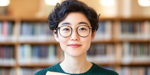 Student reading in library academic environment portrait inspirational atmosphere learning concept