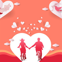 Illustration of a couple in love cycling with a love symbol in the background
