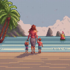 Obraz premium Pixel art depicting a family enjoying a beach day