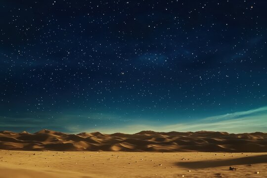 A clear night sky filled with stars blankets a tranquil desert. The soft glow of moonlight highlights the expansive sand dunes, creating a serene and captivating atmosphere.