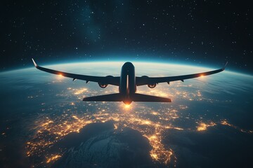 Obraz premium An airplane flying high above the Earth at night, showcasing glowing city lights below and a starfilled sky, representing global travel and advanced aviation technology