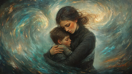 A dramatic and highly stylized painting of a sorrowful mother and her wounded son, surreal swirling stormy skies framing the figures, intense shadow-play highlighting the faces