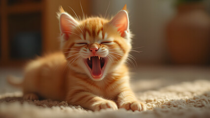 Orange kitten yawning in a cozy setting