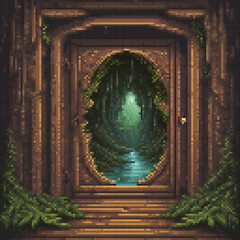 Pixel art door in a mystical forest scene