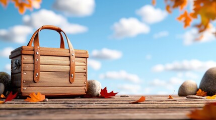 [Outdoor picnics location grill] Autumnal Picnic Scene Cartoon Style Empty Basket Fall Colors Woodland Landscape Outdoor Setting