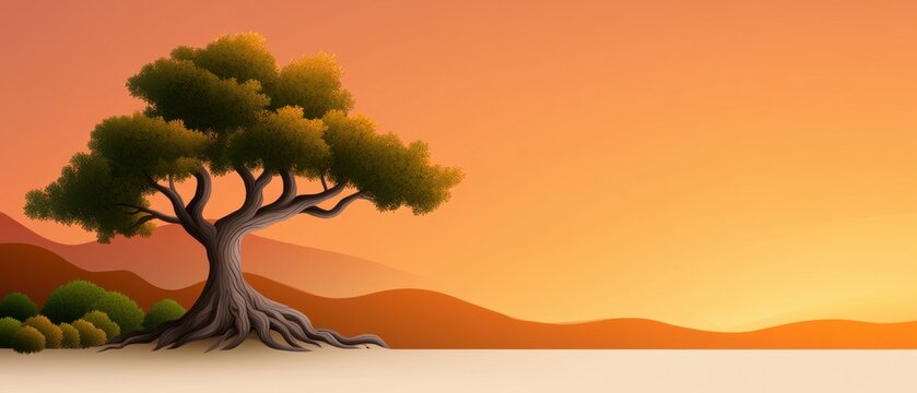 [Outdoor gatherings outdoor meetups] Sunset Serenity: Mountain Tree Silhouette Against Warm Pastel Sky Over Sandy Beach