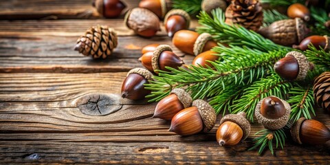 Close-up of acorns, cedar sprigs, and small pinecones on a rustic background, nature, autumn, organic