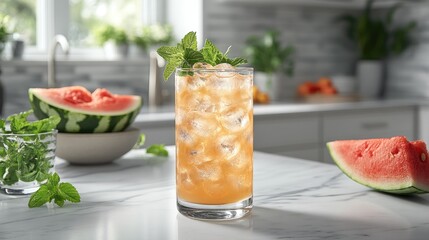 Refreshing watermelon mint drink in a glass on kitchen counter.