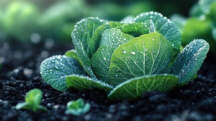 Dew-covered young cabbage growing in garden soil.