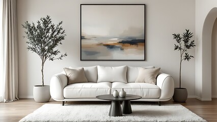 Minimalist, japandi home interior design of modern living room with white sofa, sleek black coffee table and potted olive tree. The earthy tones and soft textures create warm and tranquil atmosphere.