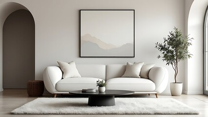 Minimalist, japandi home interior design of modern living room with white sofa, sleek black coffee table and potted olive tree. The earthy tones and soft textures create warm and tranquil atmosphere.