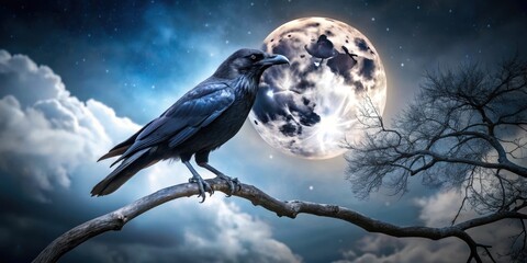 Majestic black crow perched on a tree branch in the moonlight , Raven, animal, wildlife, bird, black, dark, feathers, spooky