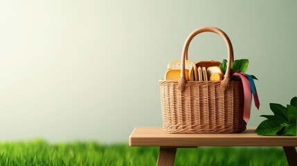 [Outdoor picnics scenery gathering sandwiches] Wicker Picnic Basket on Green Grass with Wood Table and Nature