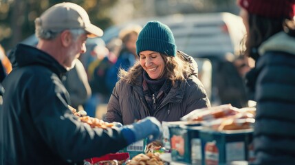 A group of volunteers handing out food and supplies at a charity drive for the homeless.