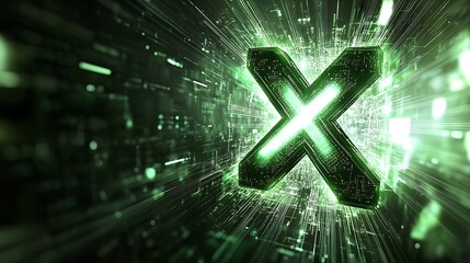 Glowing green X symbol in digital space.