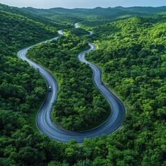Fototapeta premium [Aerial views of winding roads.] Serene Winding Road Through Lush Forest Landscape With Clear Sky