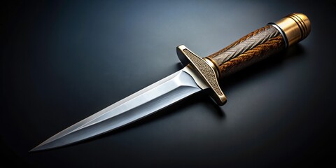 A modern dagger placed on a dark background, sleek, dagger, black, surface, weapon, sharp, point, shiny, metallic, elegant, object