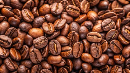 Fototapeta premium Close up of fresh coffee beans, perfect background for coffee lovers and cafe owners, coffee, beans, fresh, close up