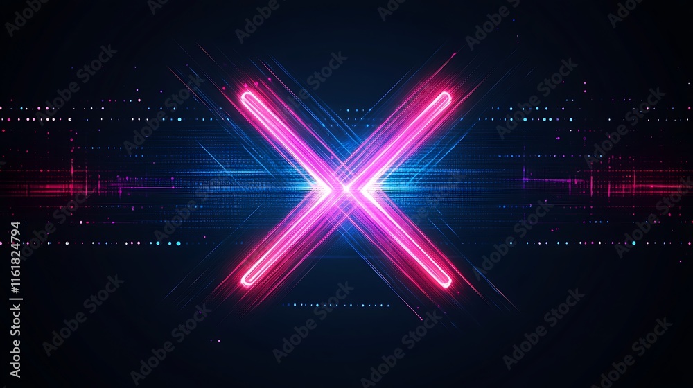 Canvas Prints Glowing neon pink X symbol on dark digital background.