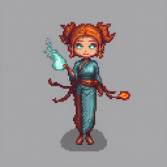 Fototapeta premium Cute pixel art of a woman in a blue dress holding a torch, perfect for retro-themed decorations.