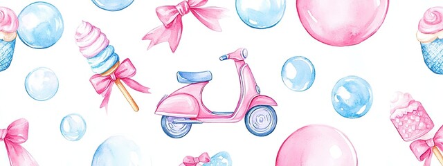 A whimsical pattern featuring a pink scooter, sweets, and bubbles in pastel colors.