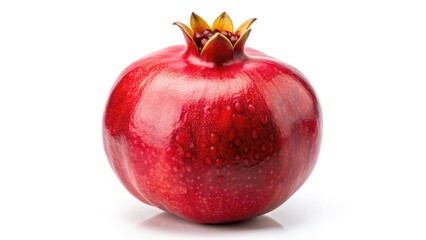 A juicy pomegranate explodes with color, a surreal close-up against a pristine white backdrop.