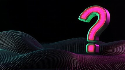 Glowing neon question mark on abstract background.