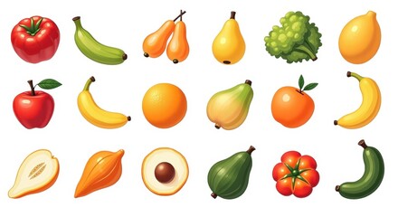 Colorful Cartoon Style Fruit and Vegetable Illustration Set with Apple, Banana, Orange, Pepper, and More - Perfect for Food-Themed Designs and Educational Materials
