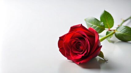 A single red rose on a white background, rose, flower, romantic, isolated, love, symbolic, elegant, petal, beauty, bloom