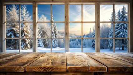 Empty wooden table in front of a large frosty window, showcasing a winter landscape outside, winter, snowy, cold, frost, table