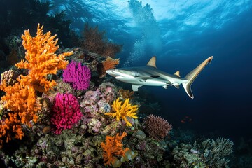 Brightly colored corals in shades of orange and purple provide a vibrant backdrop as a shark glides effortlessly through clear ocean waters, showcasing marine biodiversity.