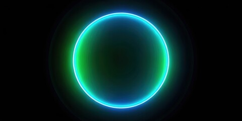 Obraz premium Neon light green and sky blue circle on black background, futuristic, template, product presentation