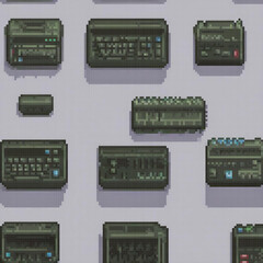 Pixel art showcasing diverse electronic gadgets on a muted backdrop.