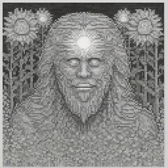 Pixel art of a bearded man in monochrome