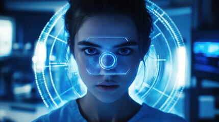 A dramatic composition of a young woman in a dimly lit laboratory, her face illuminated by a glowing holographic interface in front of her, intense and analytical expression