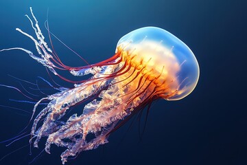 Fototapeta premium A stunning jellyfish moves fluidly through deep ocean waters, its bell glowing with vibrant colors while long tentacles trail elegantly behind, creating a captivating underwater spectacle.