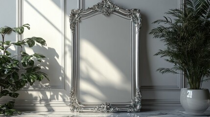 Obraz premium A decorative mirror in an elegant room with natural light and potted plants.