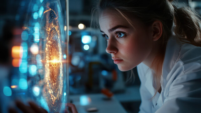 A dramatic composition of a young woman in a dimly lit laboratory, her face illuminated by a glowing holographic interface in front of her, intense and analytical expression