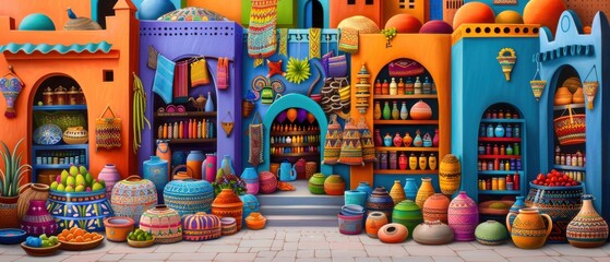 Fototapeta premium Colorful Arabian Market Scene with Storefronts and Goods