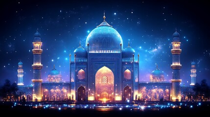 Illuminated Mosque at Night Under Starry Sky