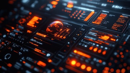 Obraz premium Futuristic digital interface with glowing orange globe.