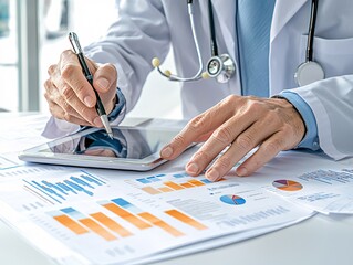 Doctor Analyzing Data on Tablet in Medical Office