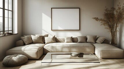 Fototapeta premium Sunlit living room with beige sectional sofa, glass coffee table, and large blank frame.