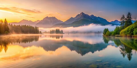serene alpine lake at sunrise with misty mountains surrounding it