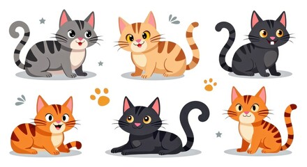 Cute Cartoon Cats Illustration Set with Playful Kittens in Various Poses, Perfect for Children's Designs and Pet Themes