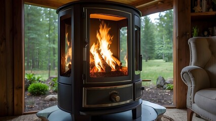 
Wood pellet stove displaying burning pellets seen through the window for a cozy ambiance