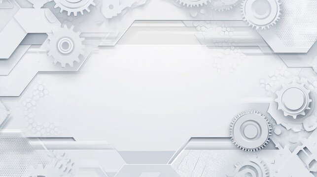 Abstract white technological background with gears and hexagons.